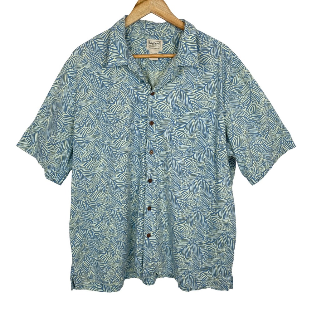 LL Bean Leaf Print Short Sleeve Camp Shirt Mens XL Button Up Vacation Summer